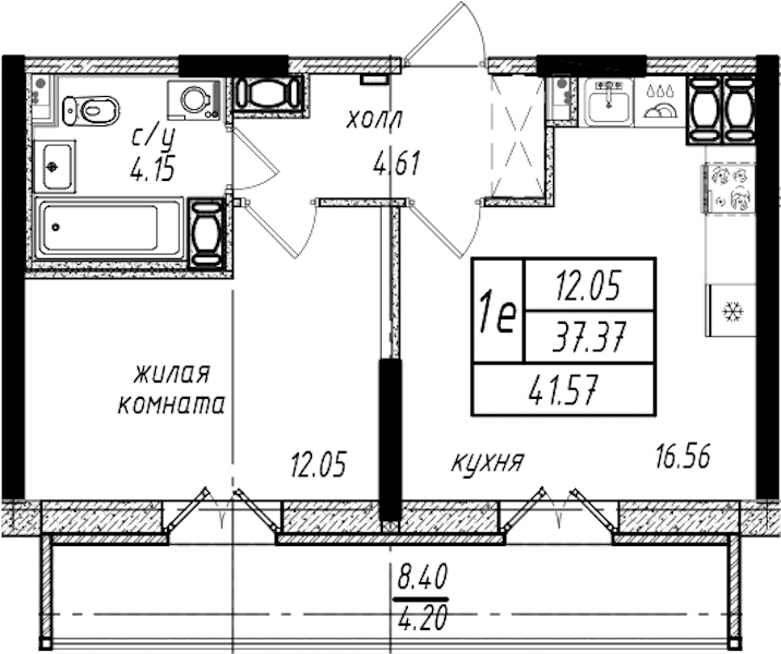 1-комнатная квартира 41.57 м², 16/25 эт., ЖК «Северная Долина»